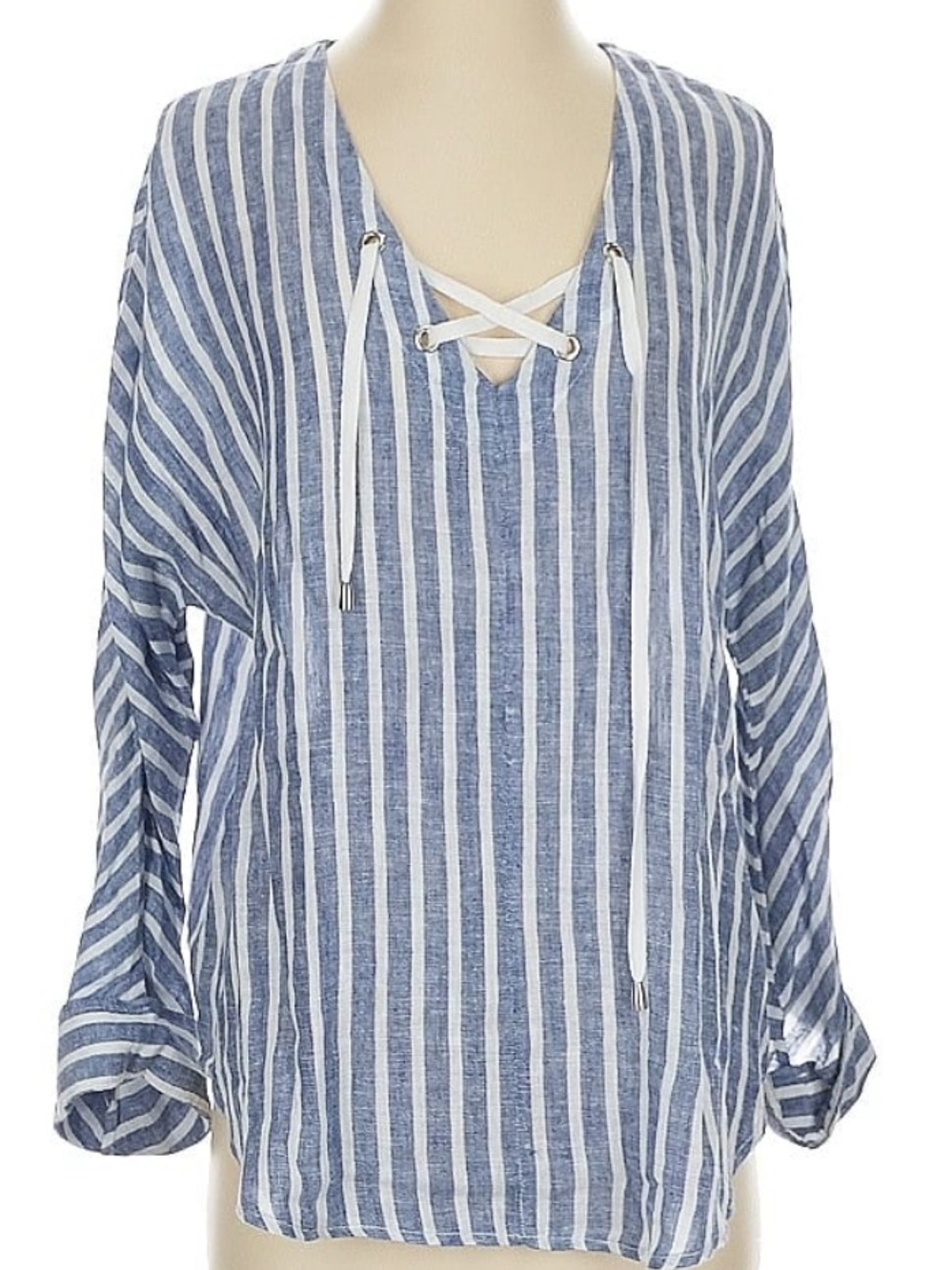 NWT Rails Blue Linen Blend Lace-Up Keyhole Top Size S $158
